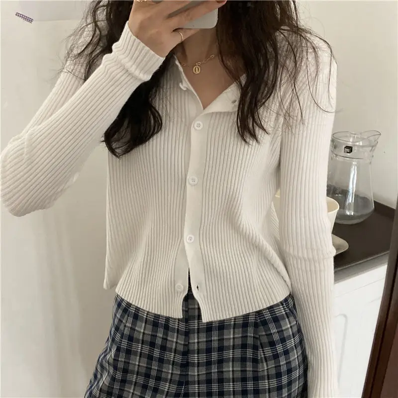 Long Sleeve Chic Korean Button Up Fashion Cardigan Women Casual Knitted Ropa Mujer Ribbed Single Breasted Aesthetic Apricot Top