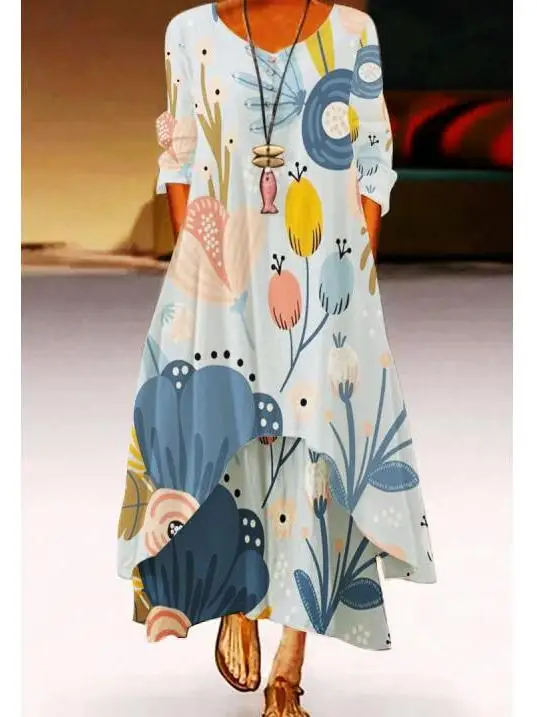 

Женское платье макси с принтом, длинными рукавами, высокой талией, летнее, повседневное, в уличном стиле, с круглым вырезом, на пуговицах