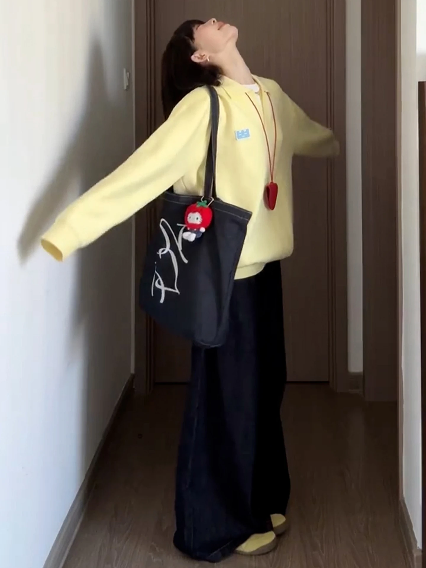 Korean Sle  Collar Embroidered Knitted Sweater Soft Cozy Lazy Yellow Autumn Winter New Arrival Loose Fit Warmth Fem ...