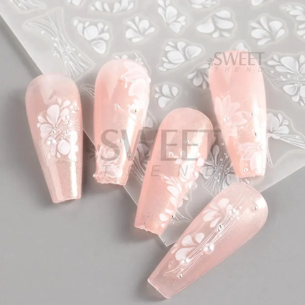Autocollant pour Nail Art en dentelle blanche, breloque florale en acrylique, curseur adhésif élégant pour mariée de mariage, conception de ligne Simple, décalcomanie de manucure