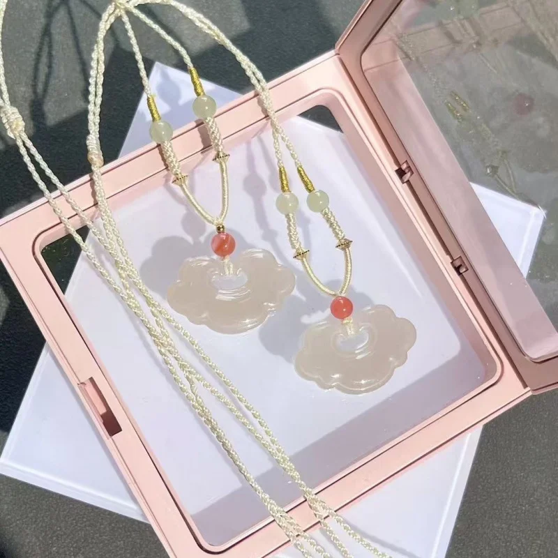 

Плетеное ожерелье с замком Hetian Jade Root Pink Ruyi, нишевая цепочка для свитера высокого класса