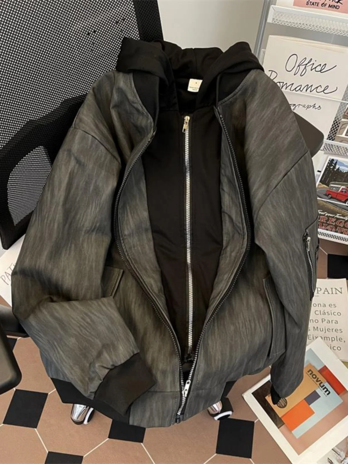 

Мужская бейсбольная куртка из хлопка с эффектом кожи, теплая, с капюшоном, имитация двухслойной одежды, осенне-зимняя, молодежная мода