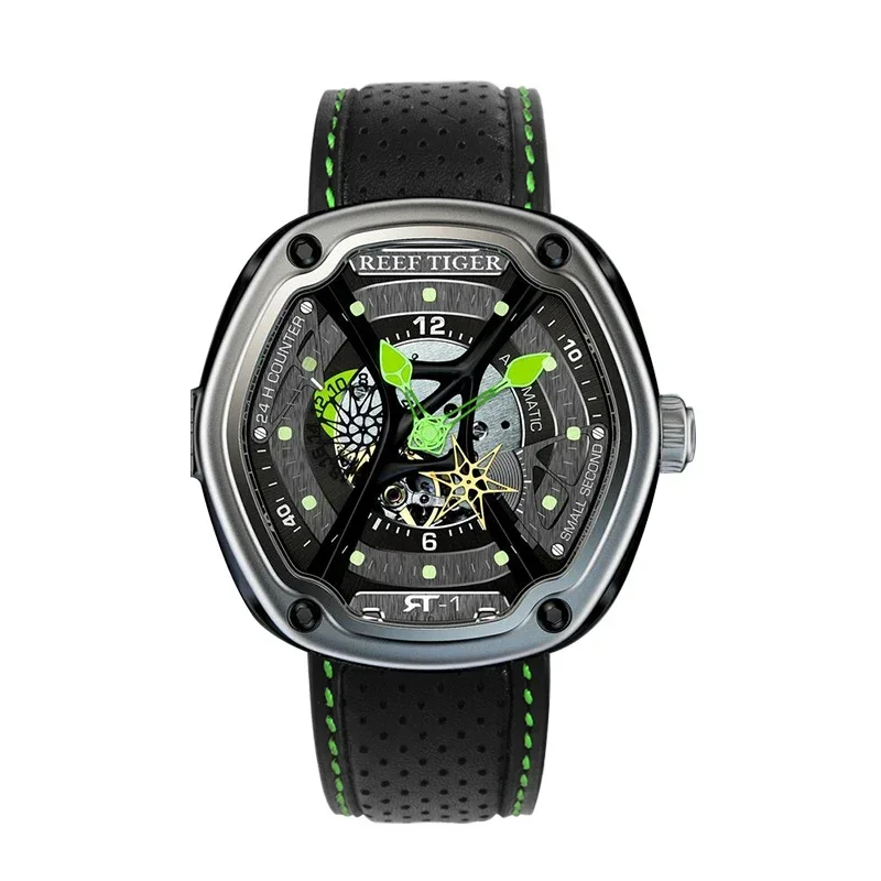 Reef Tiger Chronograph Sport Watches for Men Skeleton Dial with Date Business Bracelet Watch Relogio Masculino