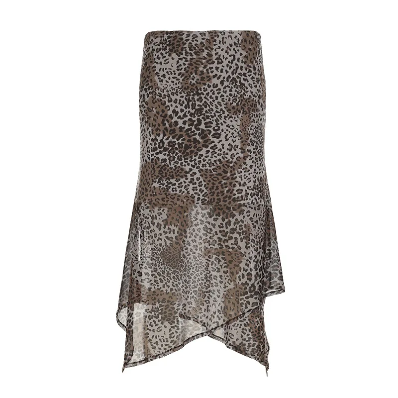 Ele Leopard Print Me Asymmetrischer langer Rock Damen Faion Herbst Winter Neuankömmling Midirock Loose Fit Sle