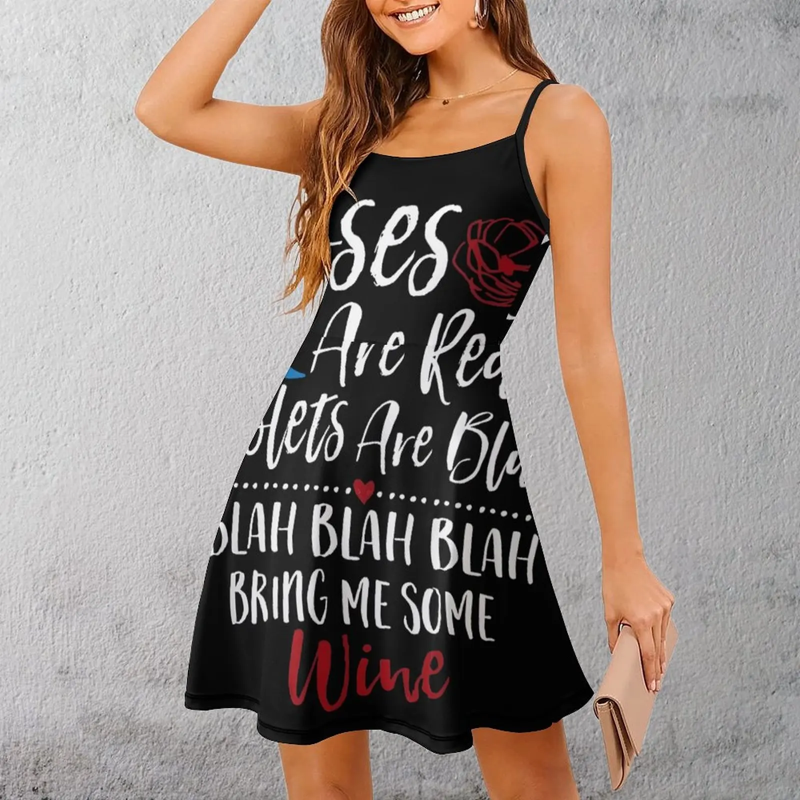 

Sexy Roses Wine Poem Print Women's Sling Dress Humor Clubs Woman's Clothing Strappy Dress Vintage