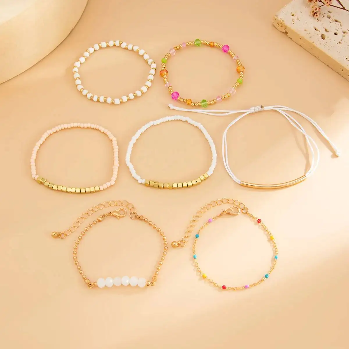 7 قطعة/المجموعة Y2K البوهيمي كريستال سلسلة أساور ملونة الحد الأدنى أساور مرنة للنساء اليومية حزب زوجين مجوهرات