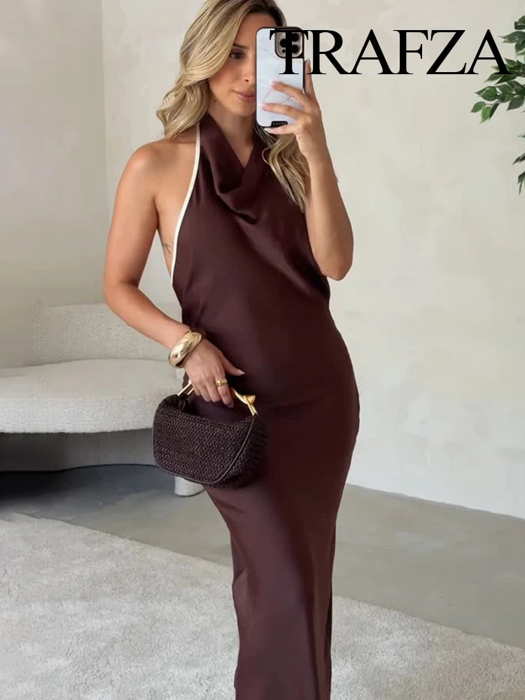 

HH Summer Women Hanging Neck Collar Button Design Brown Party Dress 2025 Woman Elegant Sexy Backless Sleeveless Long Dresses