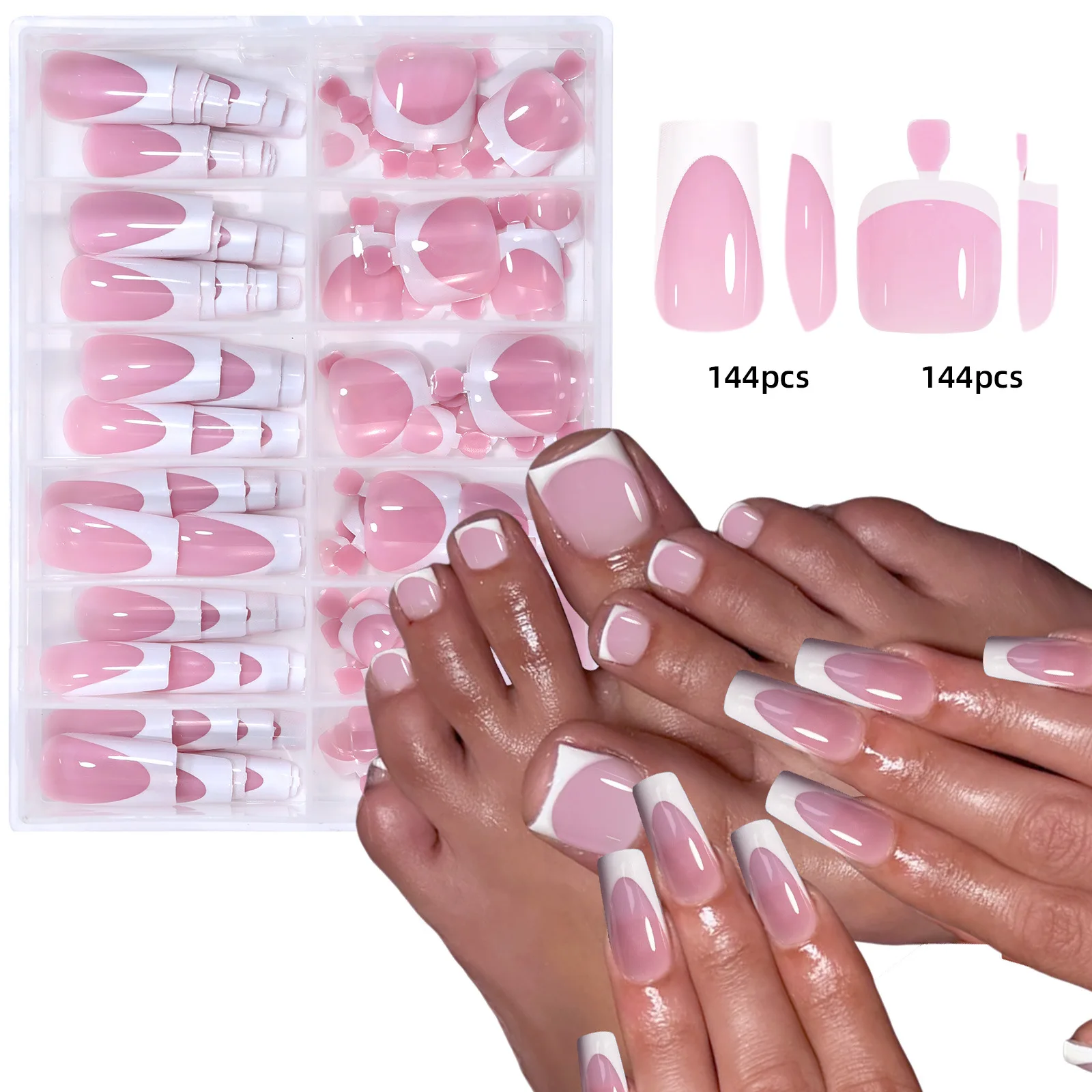 288 pçs/caixa francês imprensa mão/unhas dicas cor rosa forma quadrada verão falso unha acrílico capa completa unhas falsas conjunto
