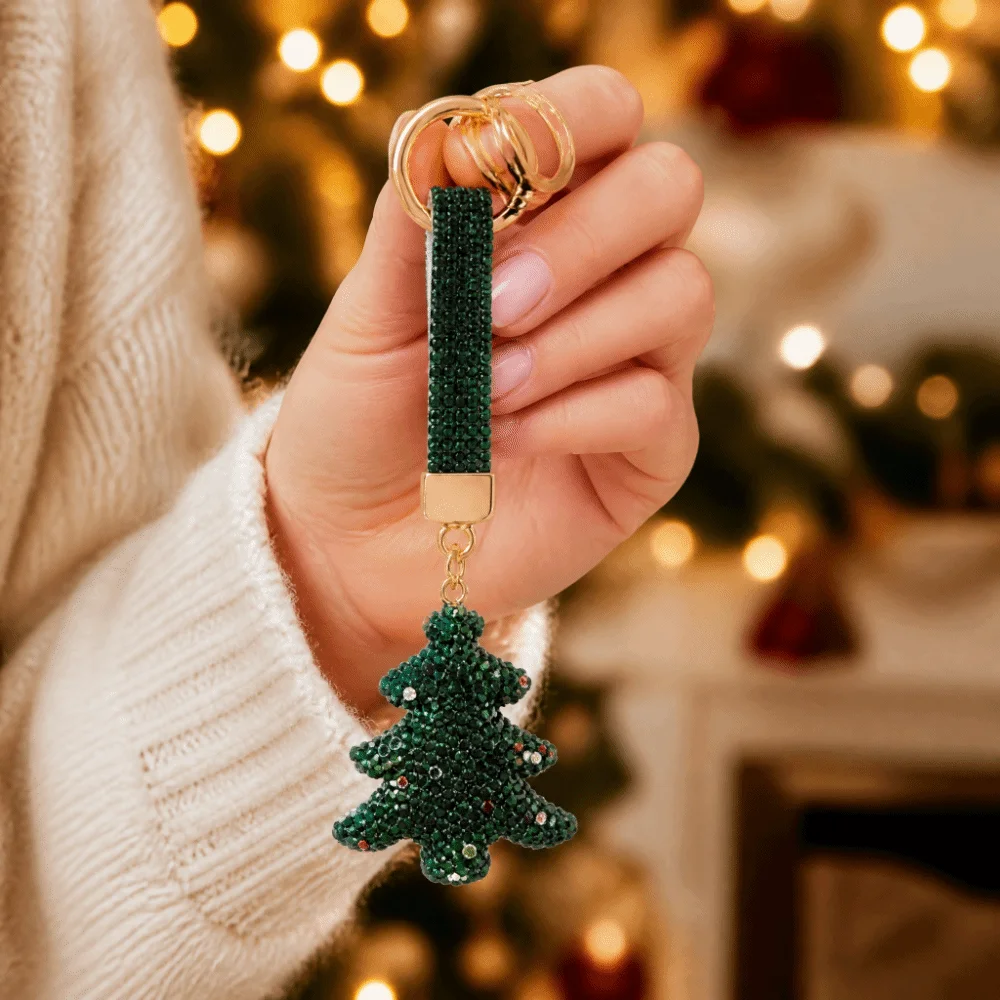 New Elk Rhinestone Christmas Keychain Cane Christmas Tree Santa Claus Keychain Blingbling Crutch Metal Xmas Pendant Christmas