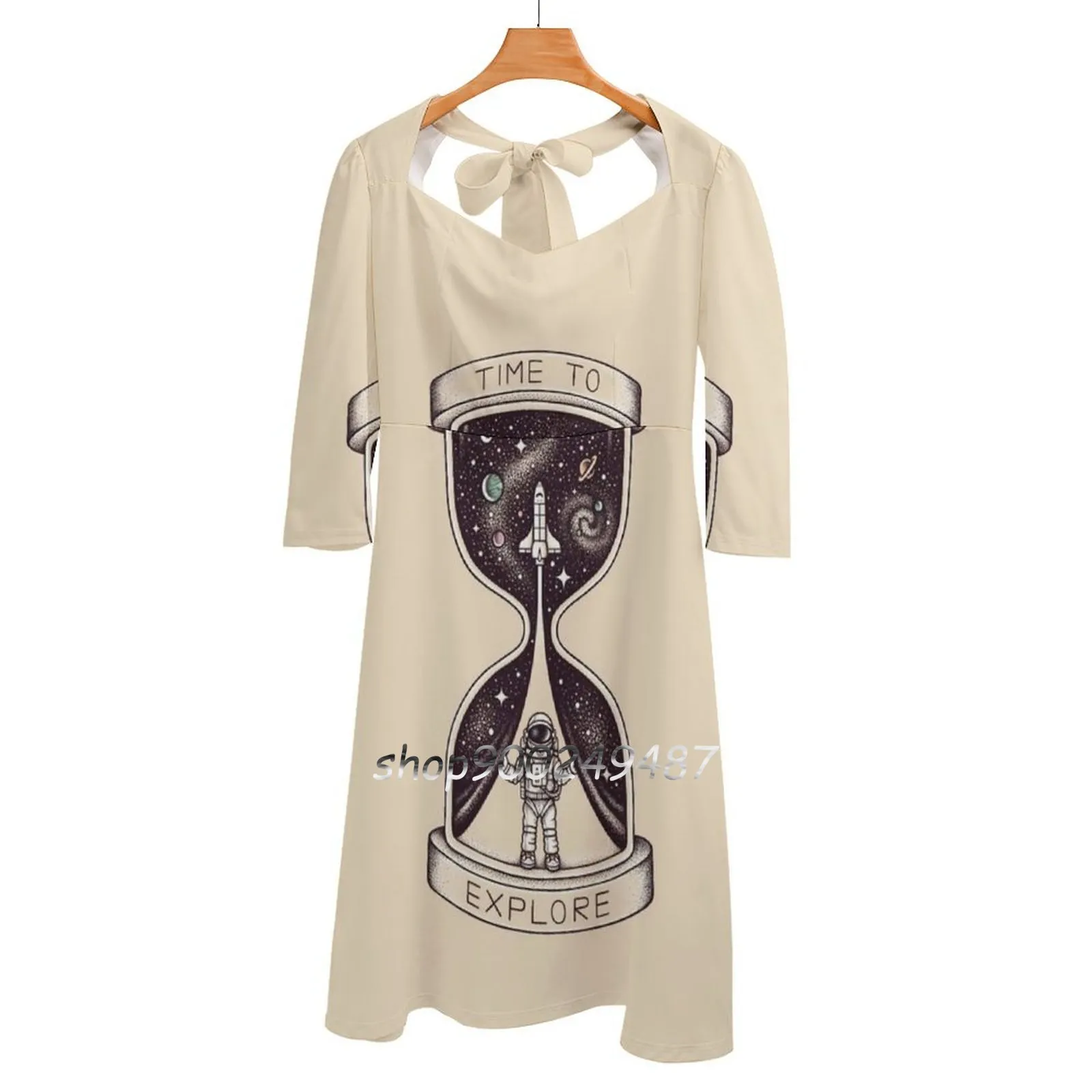 Time To Explore Sweet Elegant Dress Women Korean Kawaii Square Collar Dress Astronaut Space Stars Galaxy Planets Shuttle