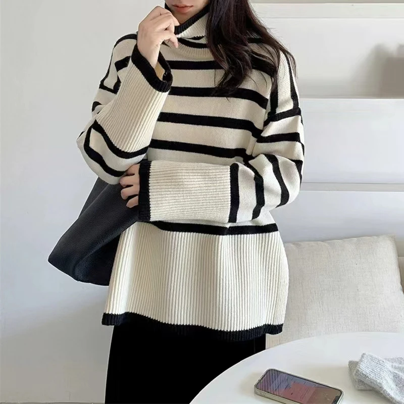 Women\'s Striped Turtleneck Sweater, Long-Sleeved Loose Outer Slit Top Warm, Thickened, Knit, Casual Streetwear, Tops, Y2k, 2024