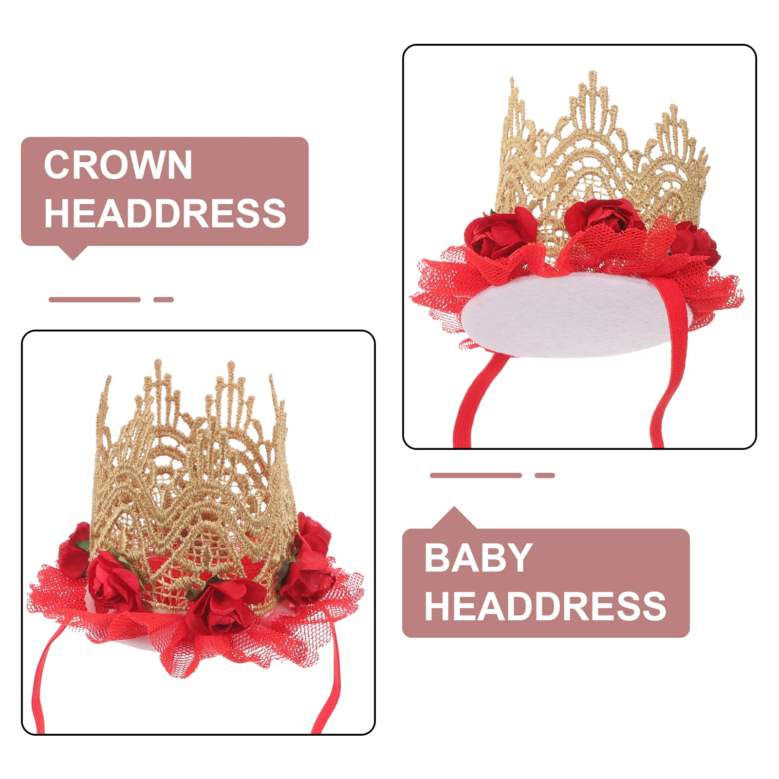 

Girl Crown Hair Accessories for First Birthday Red Flower Headband Tiara Kids Head Decoration Lace Design