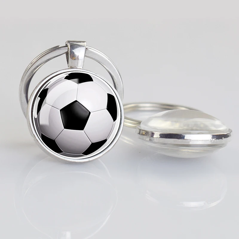 Creative Football Pendant Keychain Double Side Sports Ball Basketball Tennis Golf Volleyball Glass Cabochon Gem Keyrings Pendant