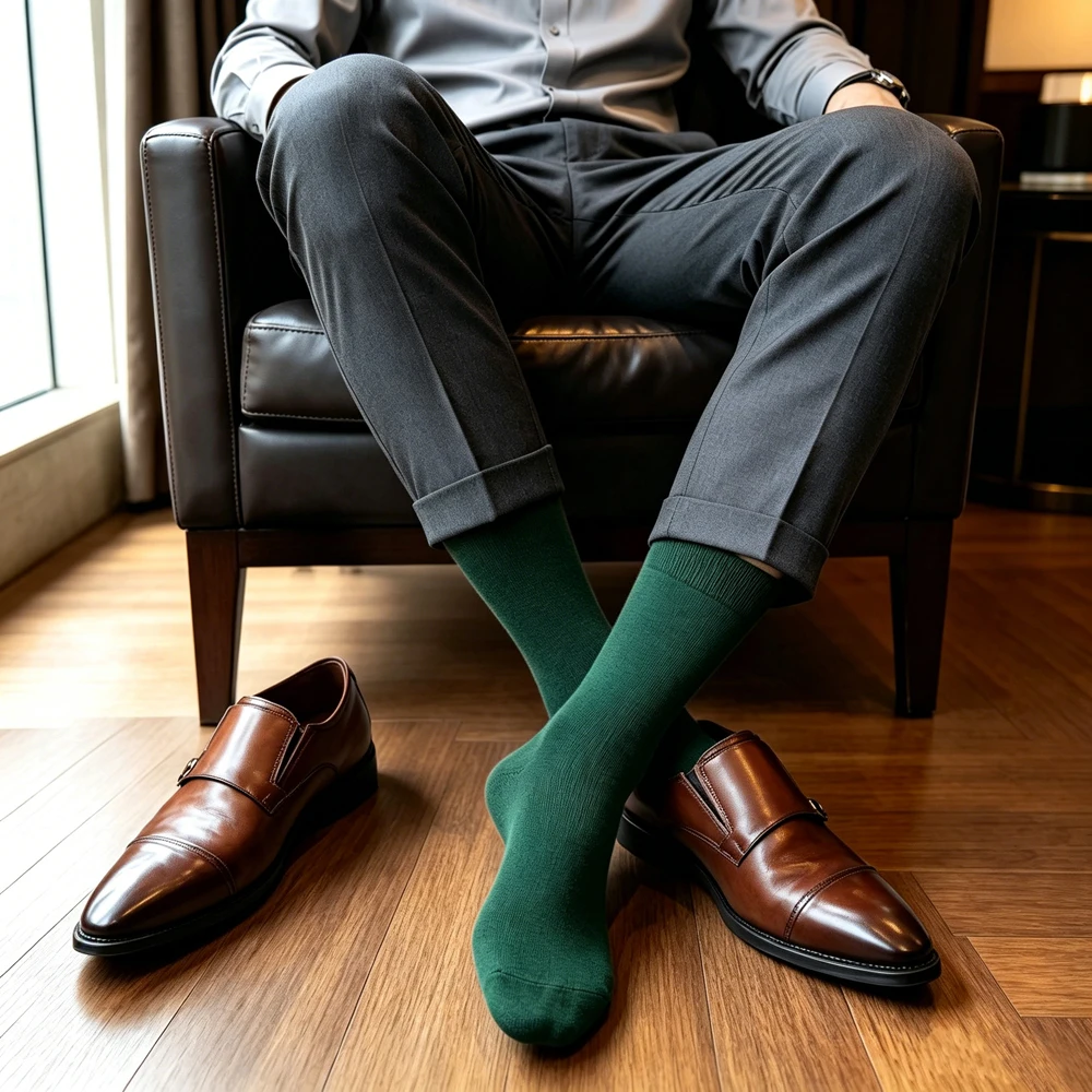 Men's Green Dress Socks Classic Business Formal Crew Socks Breathable Cotton Stretch Office Wedding Daily Wear Hosiery