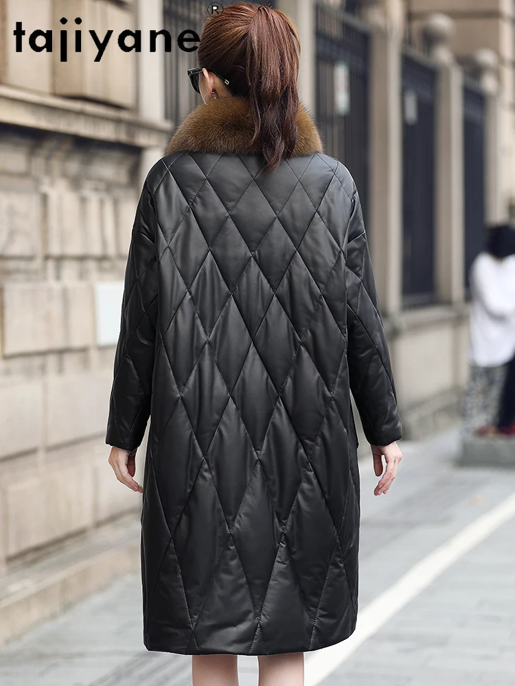 TAJIYANE 100% Skóra Owcza Kurtka Puchowa z Kaczym Puchem Damska Luksusowa Kurtka z Kołnierzem z Futra Lisa Płaszcz z Prawdziwej Skóry Odzież Zimowa Damska 2025 코트