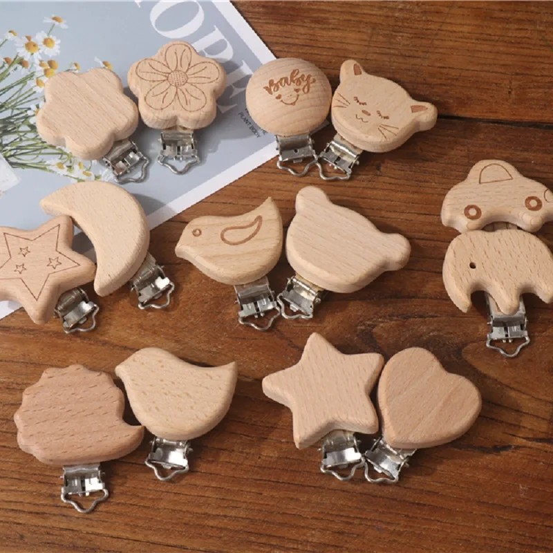 5Pcs/Lot Food Grade Beech Animal Heart Shape Handmade Wooden Clips For Baby Teething Pacifier Chain Holder Accesories Wholesale