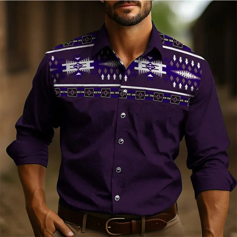 Camisa marrom retrô de manga comprida masculina, roupa étnica, camisa ocidental, padrão tribal, top macio e confortável, moda estilo novo, primavera