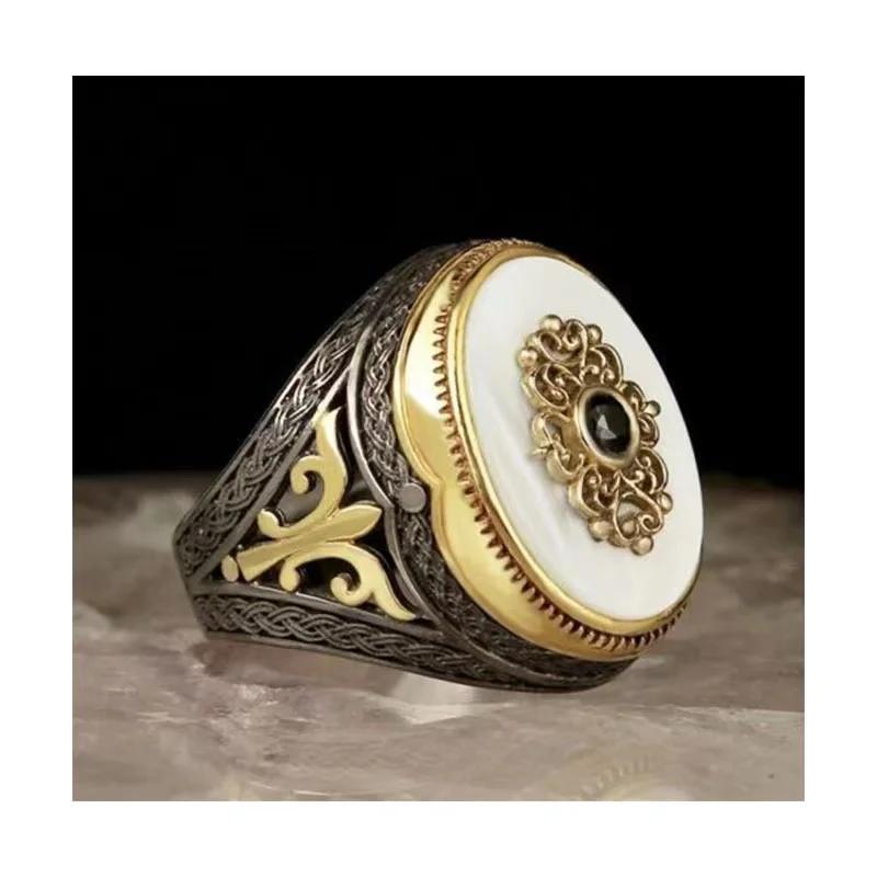 Men\'s White Gemstone Cocktail Exaggerated Ring Vintage Colored True Mother of Pearl Shell with Diamonds