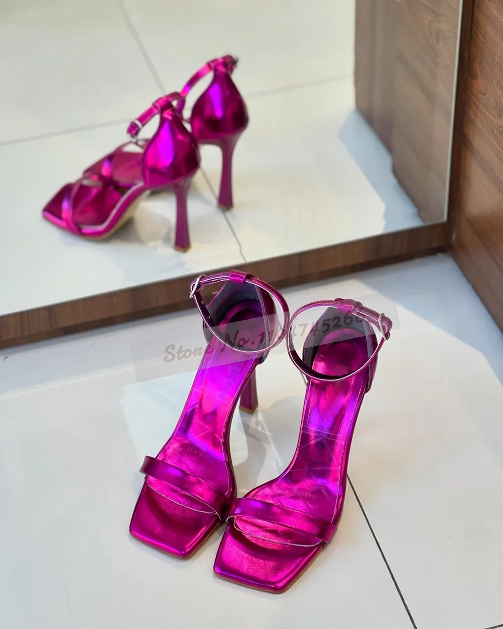 

Fluorescent Pink Green Square Toe High Heel Sandals Metallic Leather Buckle Strap Dress Shoes Single Band Dress Pumps