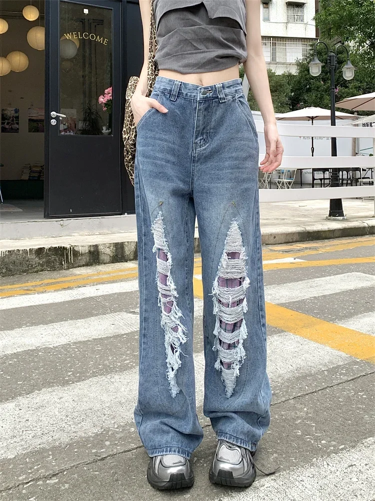 Frauen Grid Patchwork Perforierte Jeans Cool Girl Street Fashion Gerade Distressed Hosen Weibliche Hohe Taille Denim Hosen