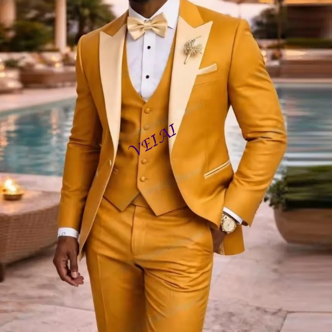 

CustomizedWhite And Orange Men Suit Formal Occasion Groom Groomsman Wedding Party Prom Male Business Tuxedos 2 Piece Set Blazer