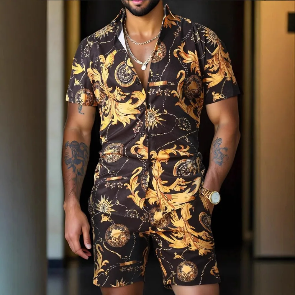

Collar Button Up Shirt Short Sleeved Shorts Men's Sets Casual Versatile Retro Beach Style