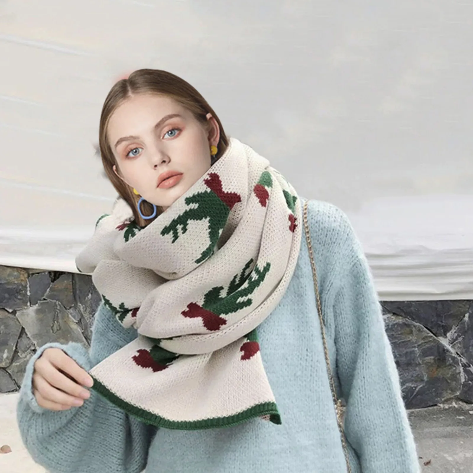 Knitted Christmas Wool Scarf Autumn Winter Fashion Warm Woolen Scarf Women Double-Sided Scarves Shawls Wrap Warm Christmas Gifts