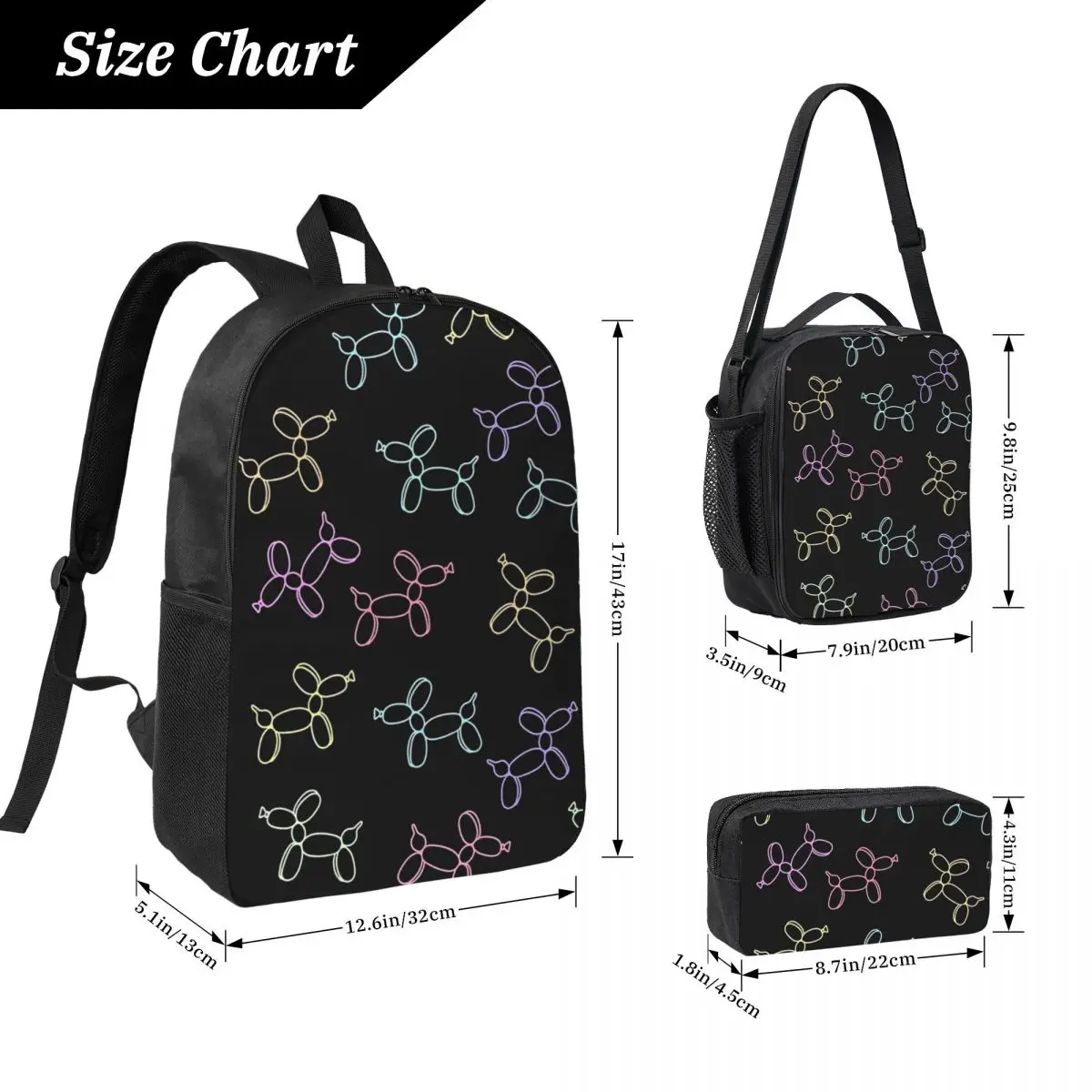 Colorful Balloon Dog Pattern Backpack Student BookBag School Bag Laptop Shoulder Bags 3ps Insulated Lunch Bag Pencil Case
