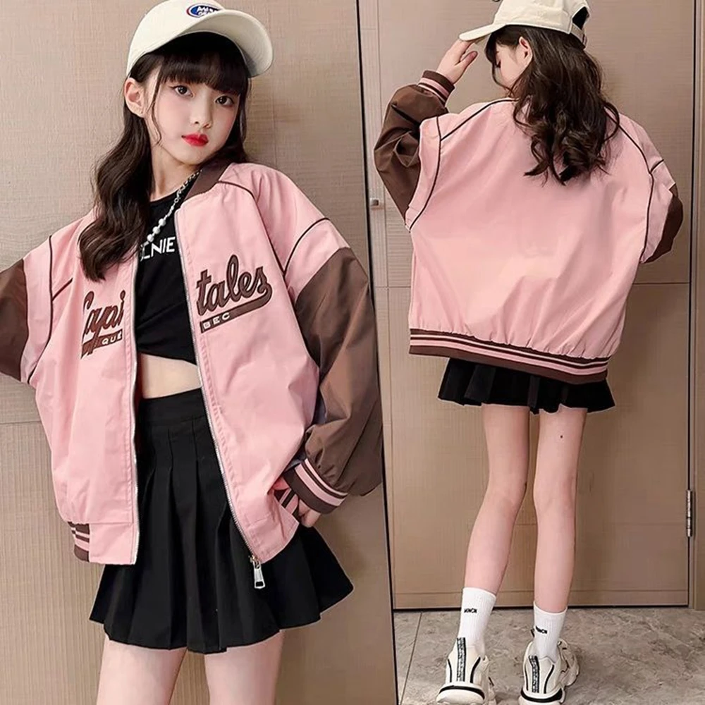 New Spring Autumn Jacket for Girls Black Sport Coat Kids Fashion Baseball Uniform Outerwear Bomber Jacket 4 5 6 8 10 11 12 14Y