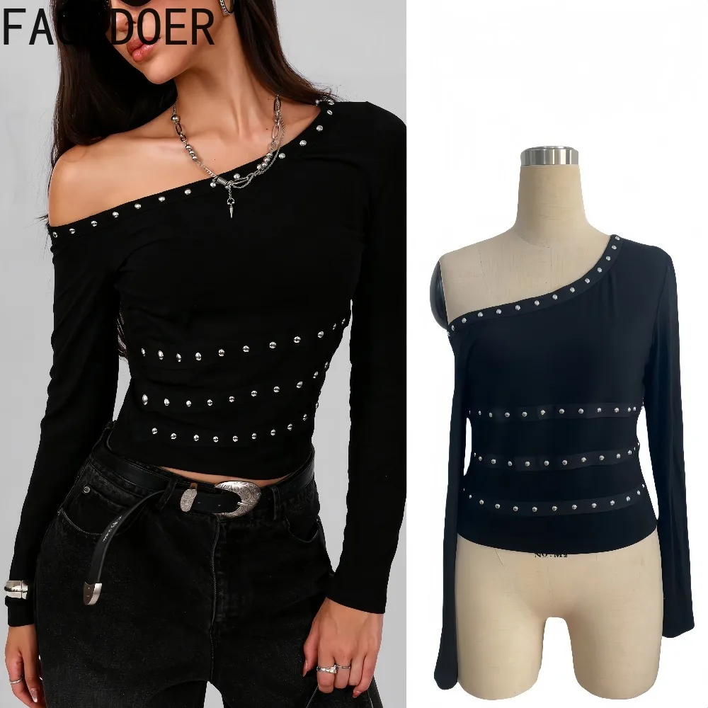 

FAGADOER Sexy Rhinestone Patchwork Bodycon T-shirt for Woman Solid Color Sloping Shoulders Crop Top Female Streetwear Clothing