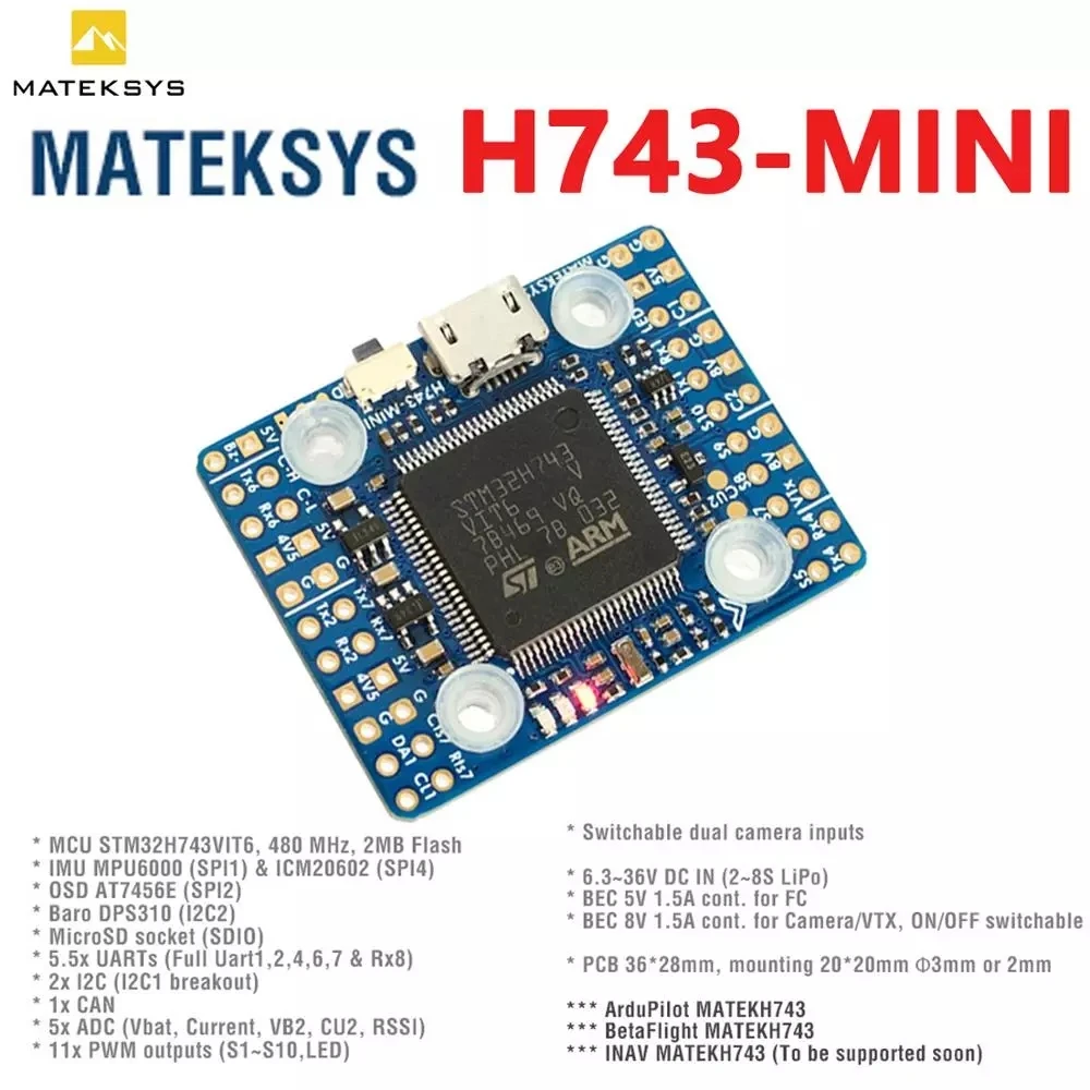 MATEKSYS Matek H743-MINI V3 FC H743 Flight Controller 20x20mm ICM42688P ICM42605 11 PWM 2-8S Lipo For RC FPV Racing Drone