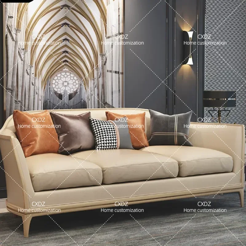 Modern Leather Sofa Set Solid Wood Frame 3 Seater Couch for Living Room Villa Furniture Simple Design High End Home Decor