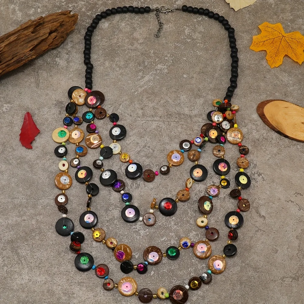 Bohemian national wind multi-layer coconut shell beaded necklace female long, wood beads may have small flaws, uneven color