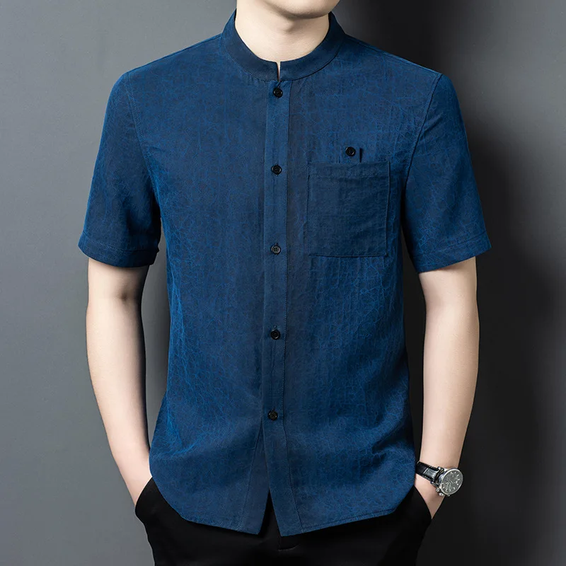 

High Quality Real Silk Men's Summer Gambiered Guangdong Crack Short Sleeve Stand Collar Shirt Youth Loose Casual Men