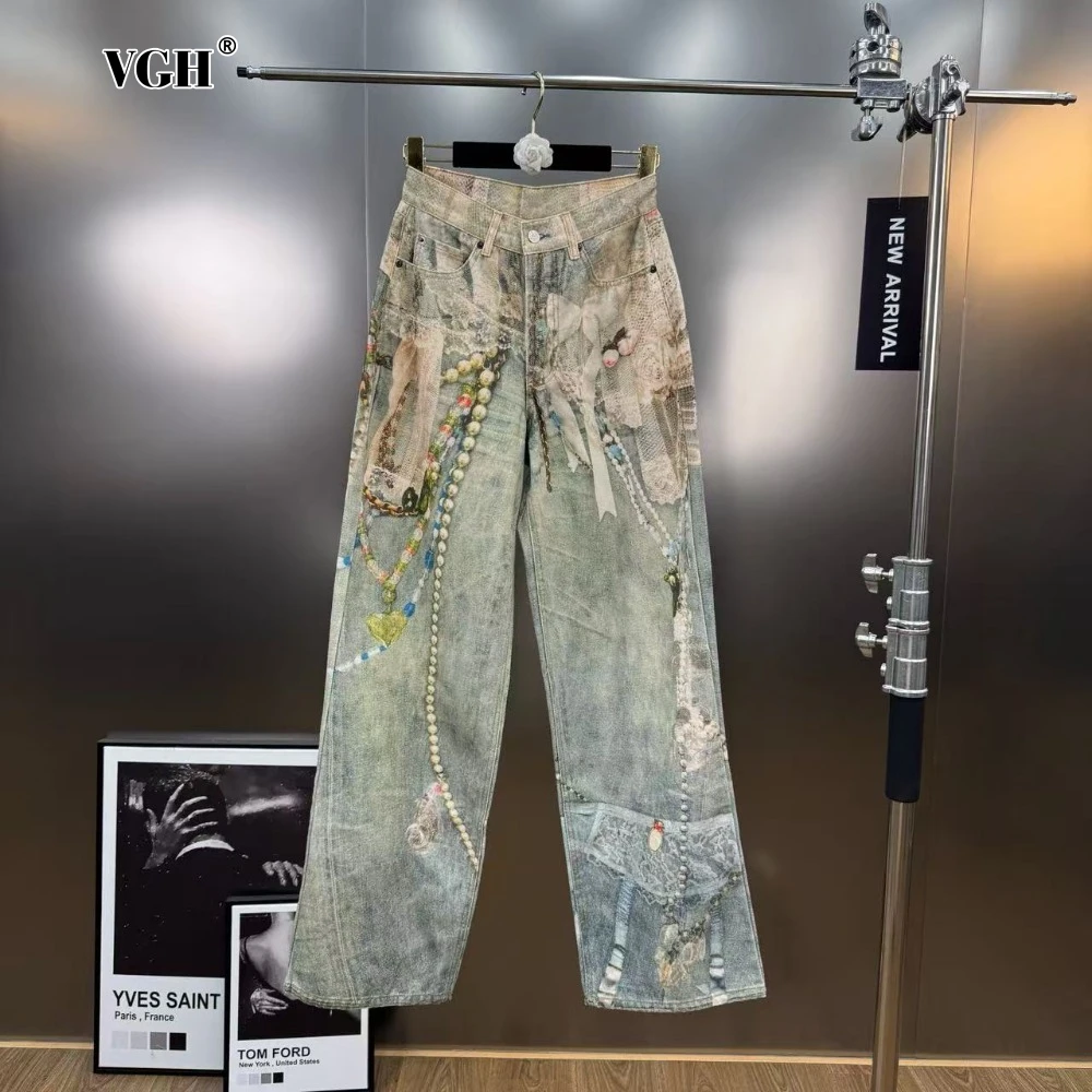 

VGH American Retro Spliced Pockets Wide Leg Pant for Women High Waist Pachwork Buttons Streetwear Printing Jeans Female Autumn