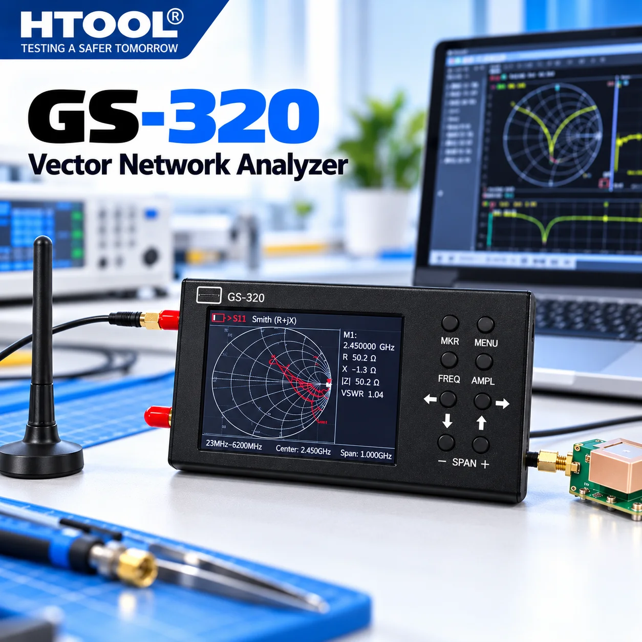 HTOOL GS-320 6G VNA Vector Network Analyzer 23MHz-6.2GHz S11/S21 Smith Chart Antenna RF Tester