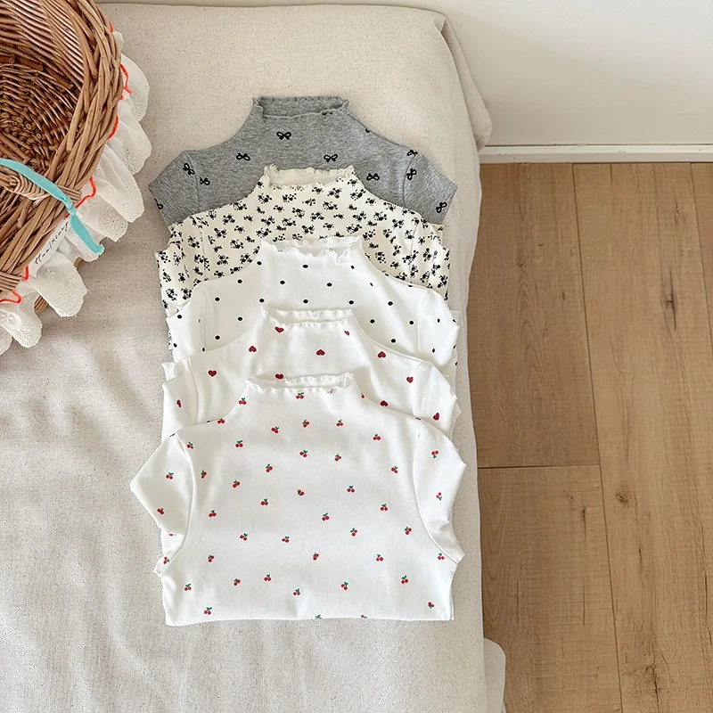 Mädchen-T-Shirt mit Punktemuster, langärmlig, niedliches, lässiges Kinder-Oberteil mit Stehkragen und Blumenmuster, passend zu allen Anlässen
