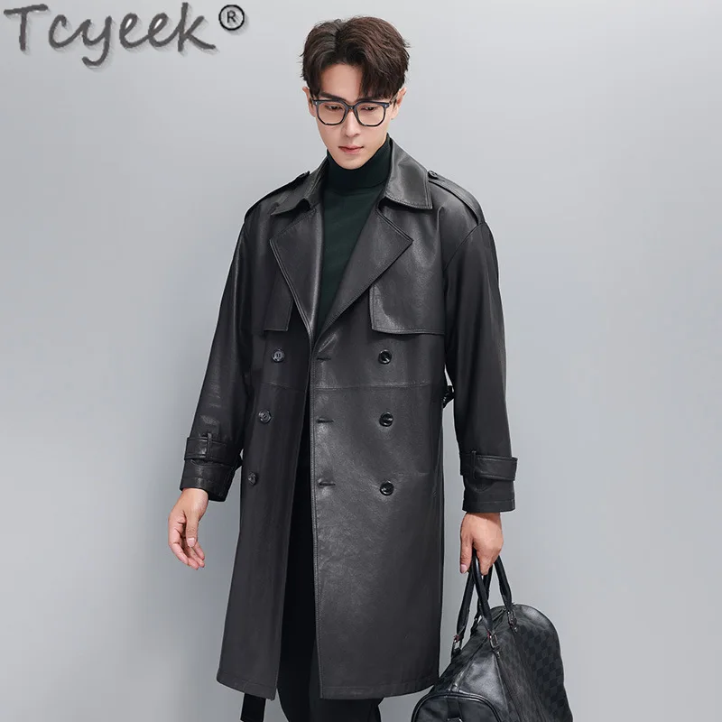 Tcyeek Genuine Leather Jacket Men 2024 Real Sheepskin Coat Spring Autumn Clothes Mid-length Trench Coats for Man Double-breasted