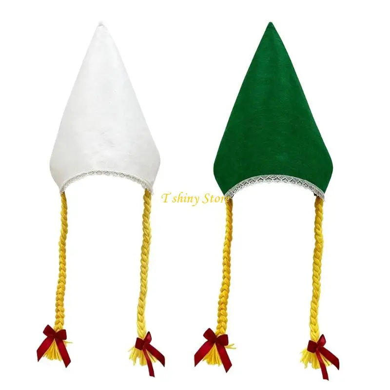 N58F Oktoberfest Costume Hat with Attached Pigtail Braids, Wrinkle-Resistant Polyester, and Decorative Lace Trim Design