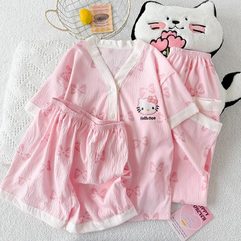 

Three-piece pajamas women's summer cardigan short-sleeved Hello Kitty cartoon cute new large-size casual loungewear set