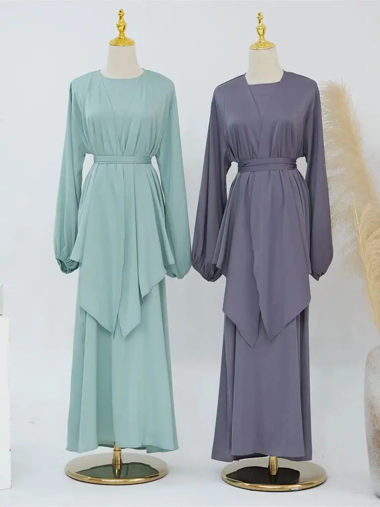 Eid 두바이 새틴 일반 2 조각 Abaya 세트 겸손한 이슬람 세트 여성 의류 Caftan Marocain Robe Femme Musulmane Kaftan