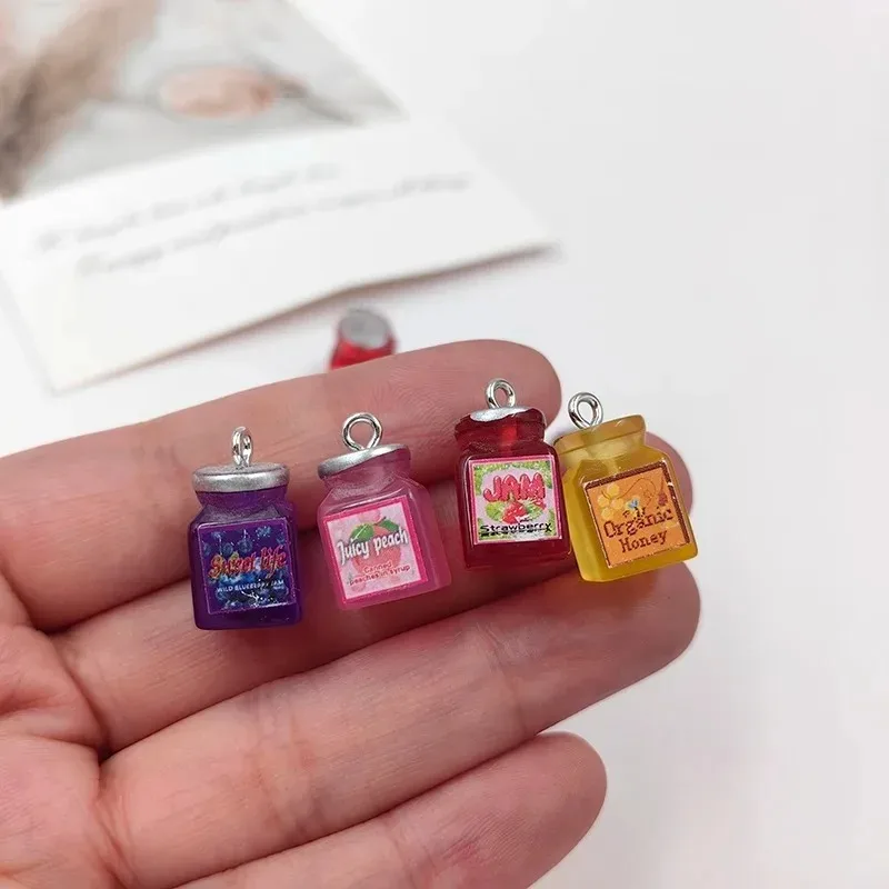 10pcs Kawaii Bee Beverage Bottle Resin Charms Simulation Strawberry Jam Pendants Accessories For Keychain Earrings Making