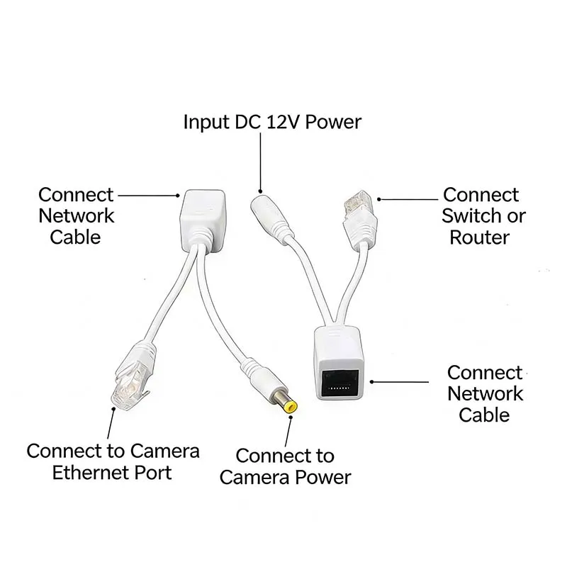 1Pair White/Black Security Surveillance POE Power Module 12V 1-to-2 Ethernet Cable Splitter with Power and Data Transmission