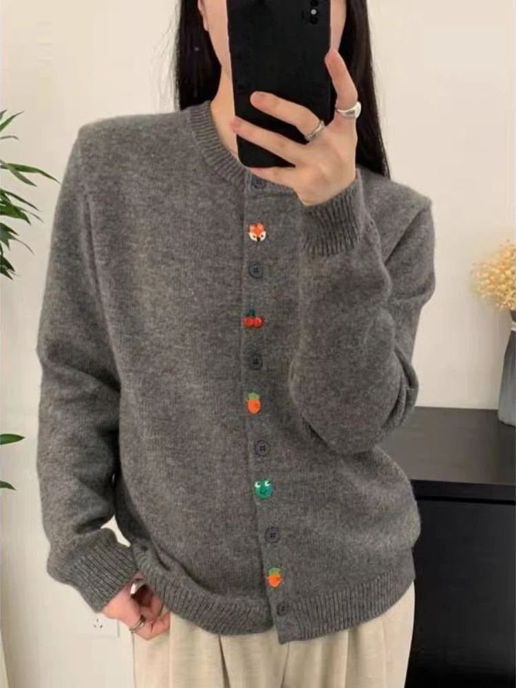 Ezgaga Knitted Cardigan Women Embroidery O Neck Single Breasted Sweet Elegant Loose Outwear Sweater Fashion Casual Female