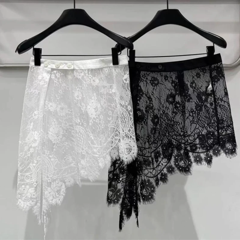 

Hollow Out Embroidery Flower Lace Skirts Vintage Women Streetwear Irregular Fairy Faldas 2025 Grunge Button Skirt Y2k Aesthetic