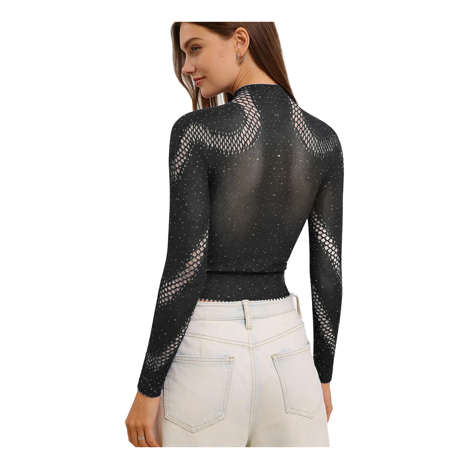 Women Sexy Sheer Mesh Fishnet Crop Top T-shirt Shiny Rhinestone Hollow Out Stretchy Cover-up Tee for Nightclub Beach Pool Party