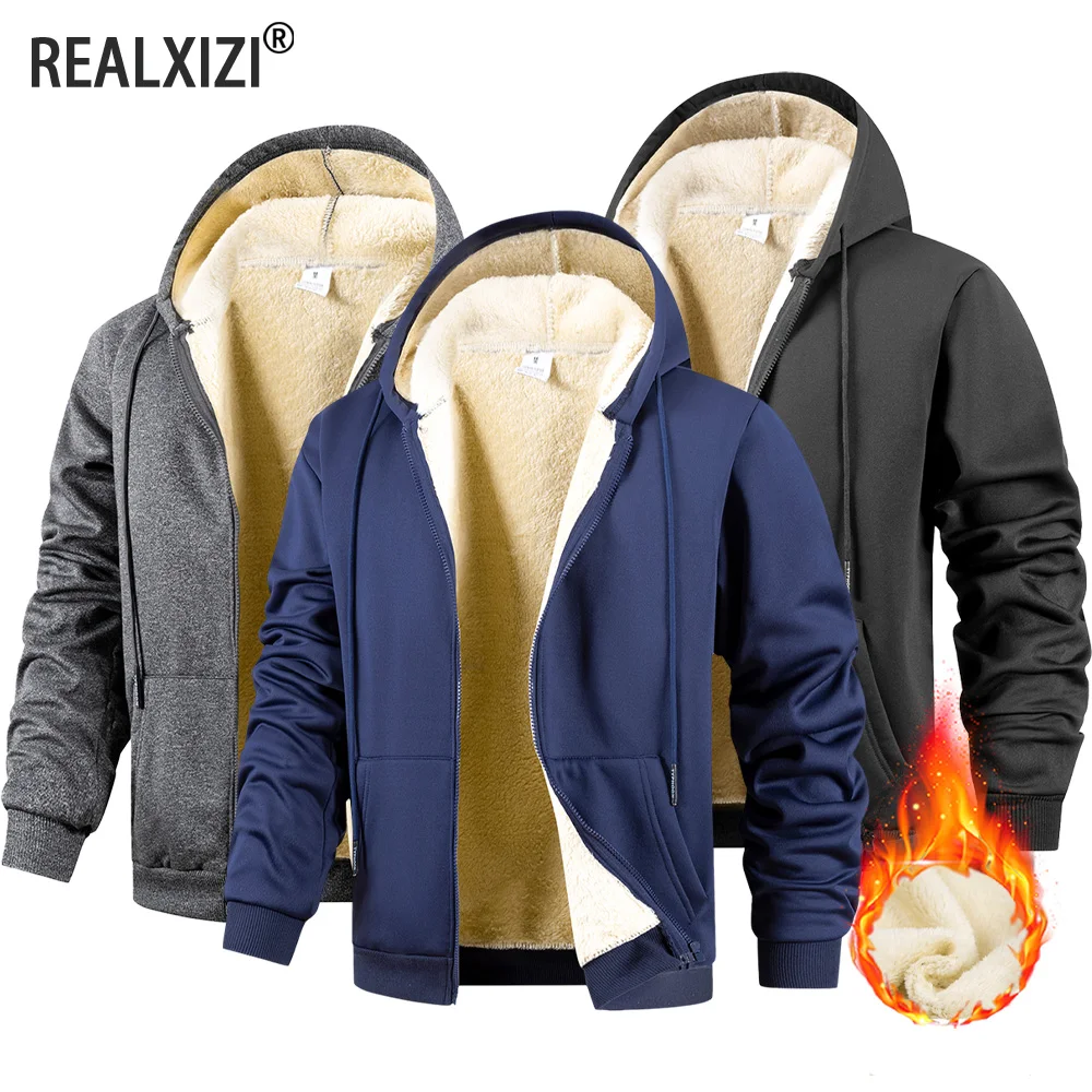 

Winter Men's Jackets Thickened Fleece Lining Warm Jackets Sweatshirt Coat Men Cardigan Zip Up Hooded Jackets Windproof Coat