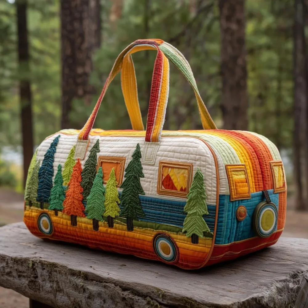 

Trendy 3D Quilted Duffle Bag Bus Design Large Capacity Travel Handbag Retro Boho Multifunctional Gym Tote Bag Daily Outings