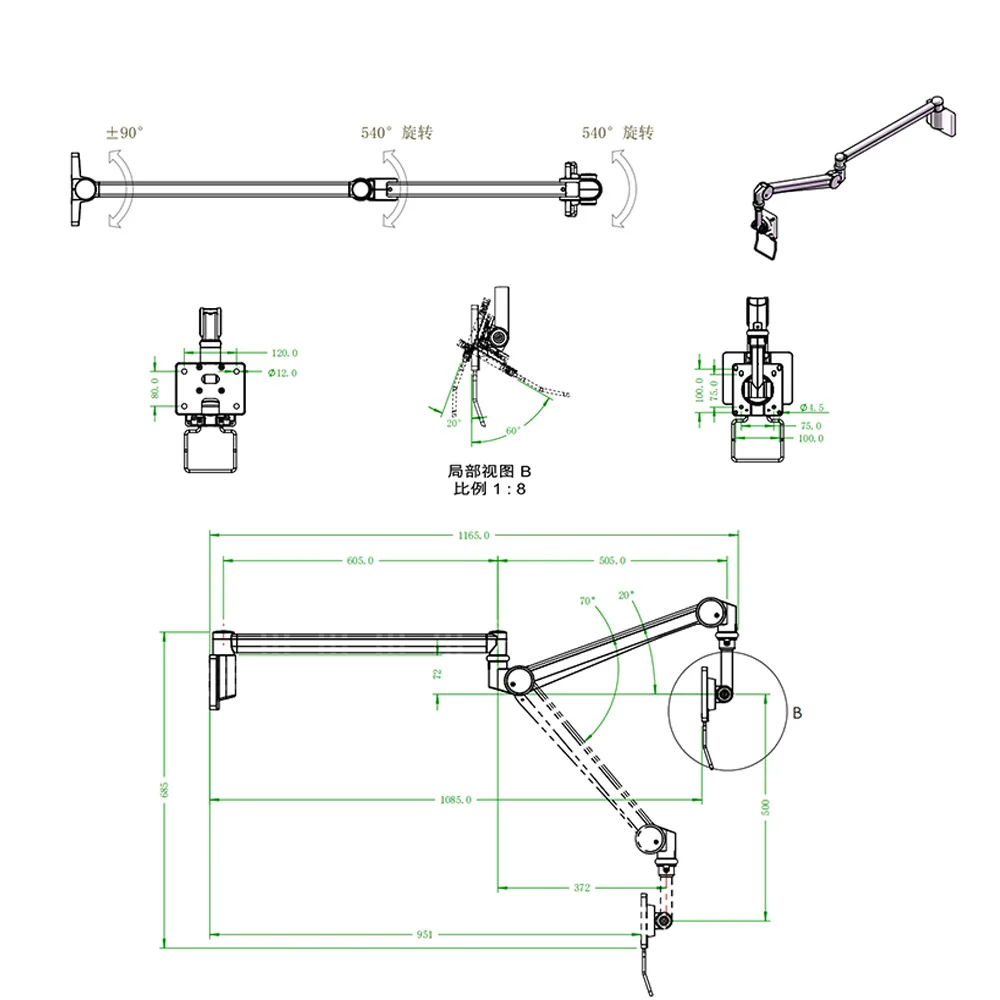 Medical entertainment healthcare mounting monitor Flexible long tablet arm wall mount for hospital