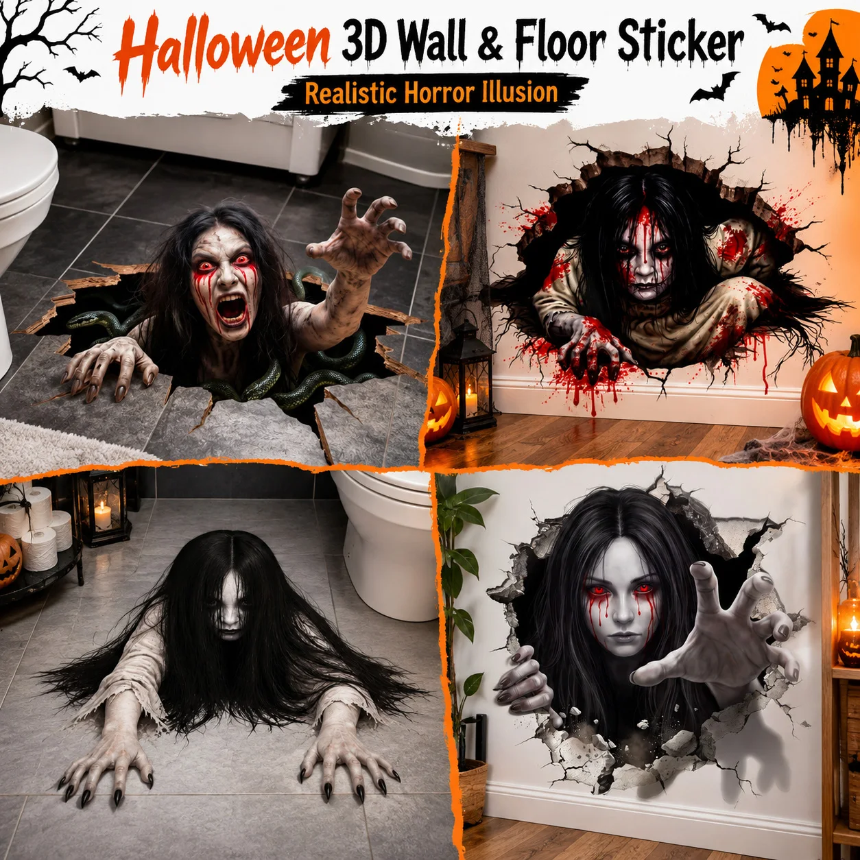 3D Halloween Horror Floor Decal Scary Monster Ghost Sticker Broken Ground Illusion Sticker Home Party Decoration